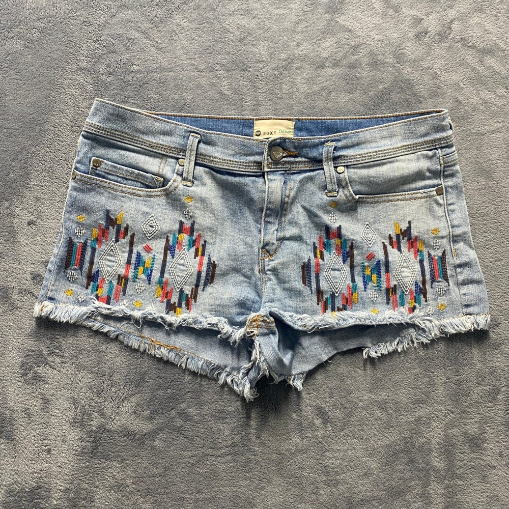 Roxy Denim Shorts Women W30 Blue Made in 2013 Embroidered Cut Off Low Rise Boho